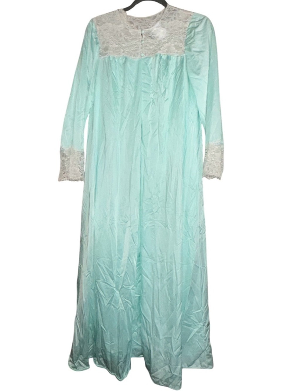 Vtg Shadow Line Long Mint Green Blueish Nightgown & Robe Set Lace Accents Small